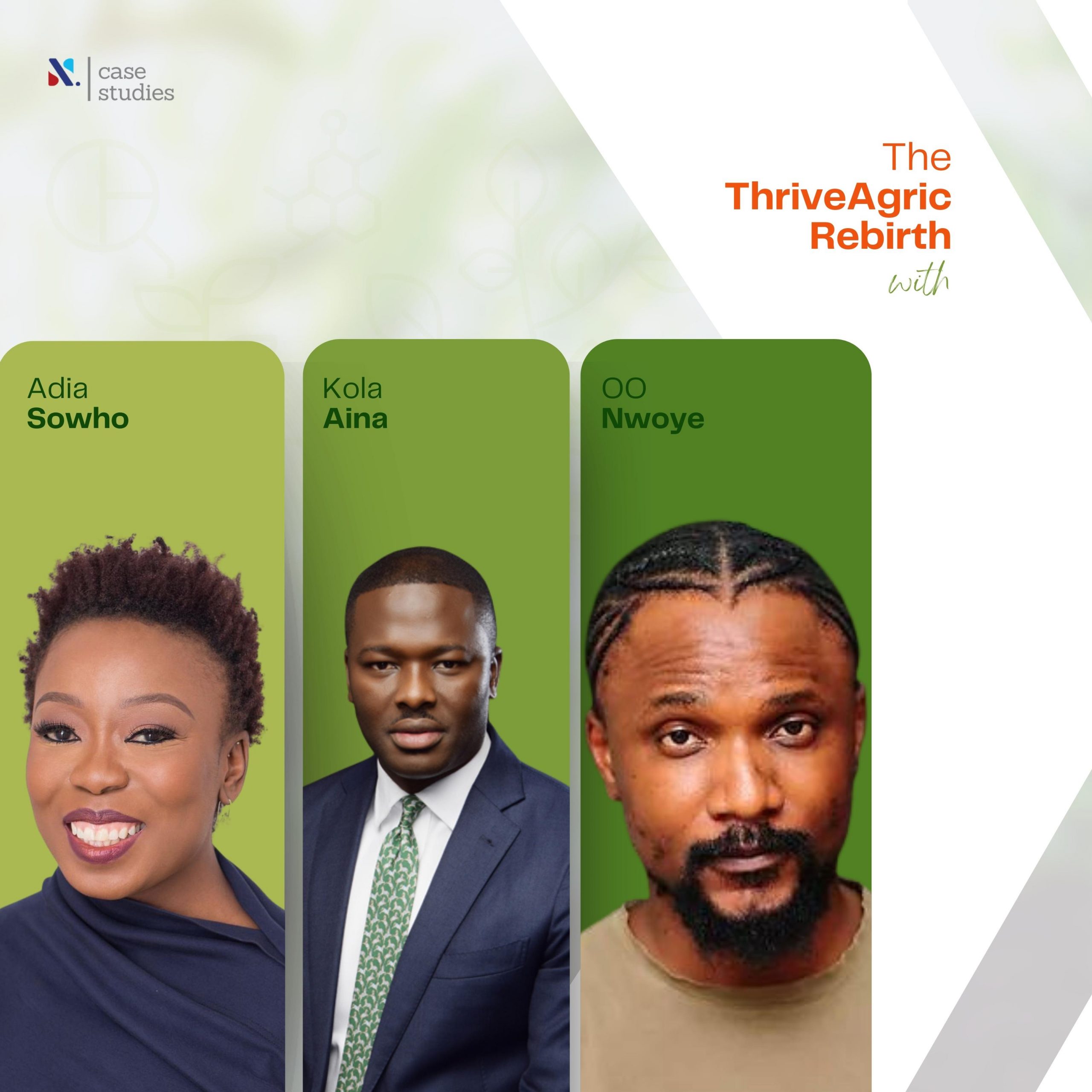 Cover image for The ThriveAgric Rebirth case study. Pictured are Adia Sowho, Kola Aina, and OO Nwoye.